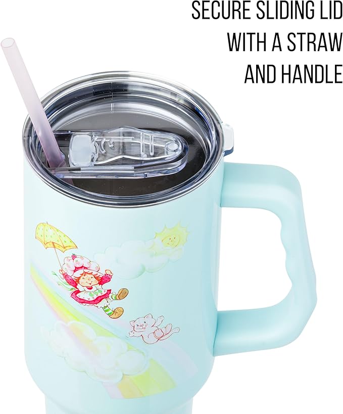 Silver Buffalo Strawberry Shortcake and Custard Double Walled Stainless Steel Tumbler with Handle, Fits in Standard Cup Holder, 40 Ounces
