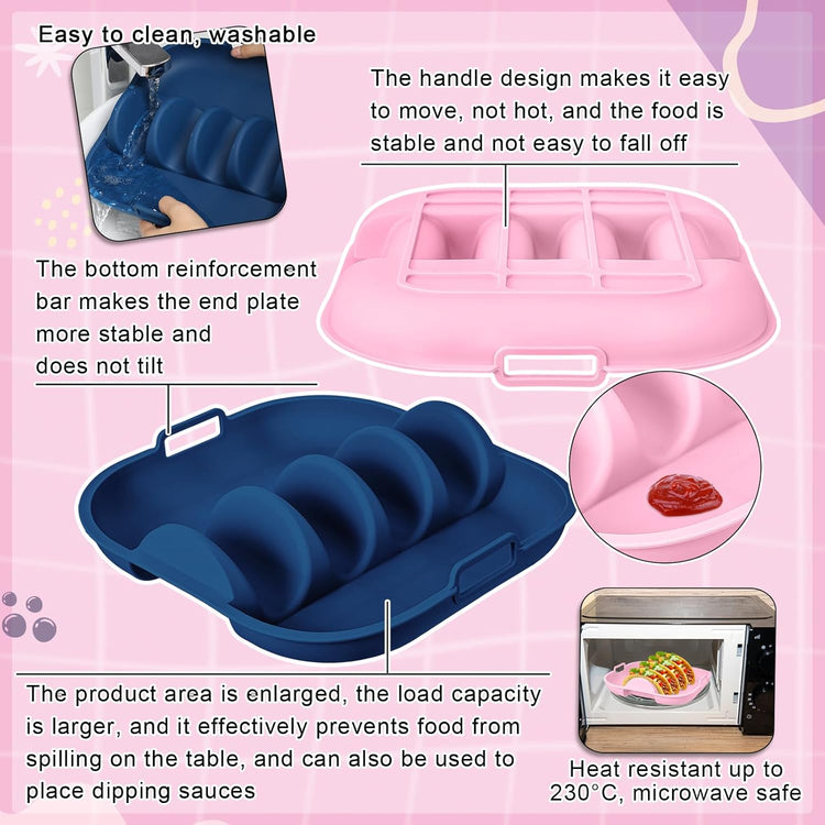 Remerry Silicone Taco Holder Plates Set of 2 Colorful Reusable Taco Holder with 4-Shell Slots for Hard/Soft Serving Plates Dishwasher Microwave Family Dinner Tortillas Party Serving(Blue, Pink)