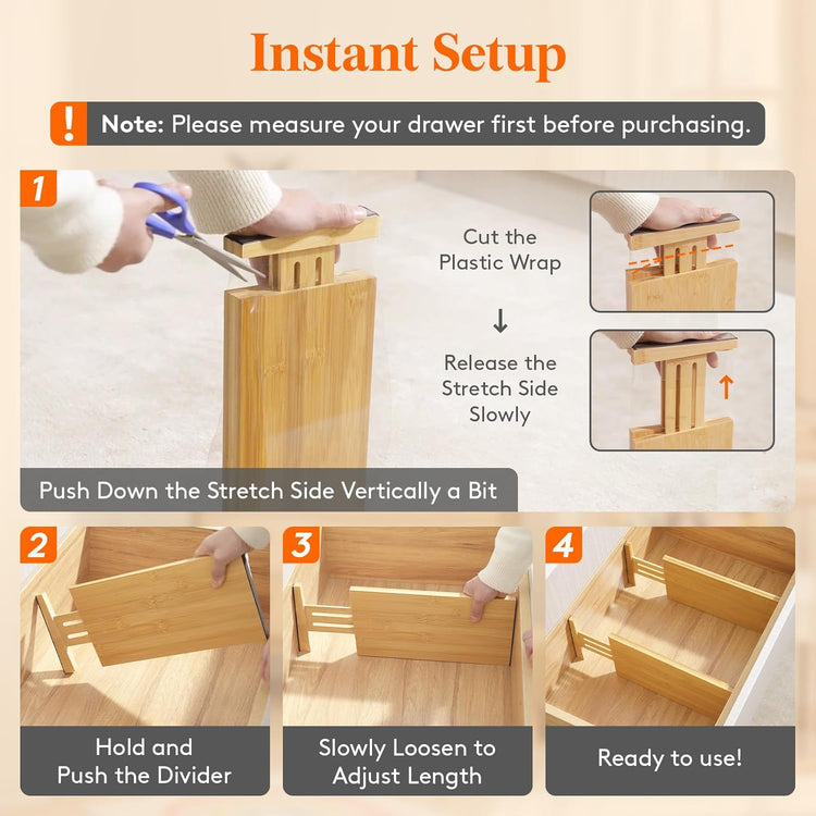 Lifewit 4 Pack 6" Deep Bamboo Drawer Dividers, 13-16.5" Expandable Drawer Organisers for Clothes, Adjustable Dresser Drawer Divider, Clothing Drawers Separators for Dresser, Bedroom, Bathroom, Office