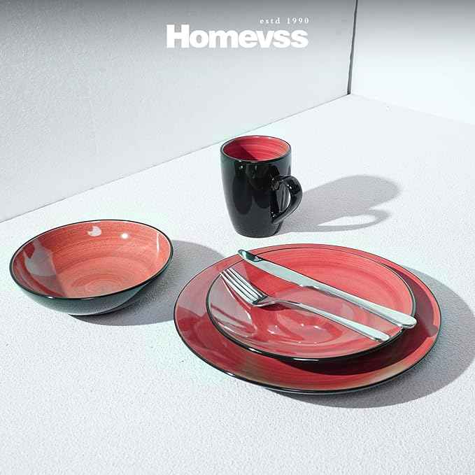 Stoneware Sonoma 16pc Dinnerware Set, Black + Speckled Hand Painting Red