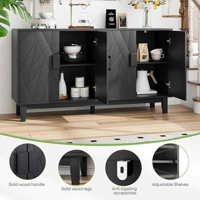 Modern Black 4-Door Sideboard Buffet Cabinet with Geometric Wood Doors | Adjustable Shelves, Large Console Table for Dining Room, Kitchen, and Living Room (55 inches)