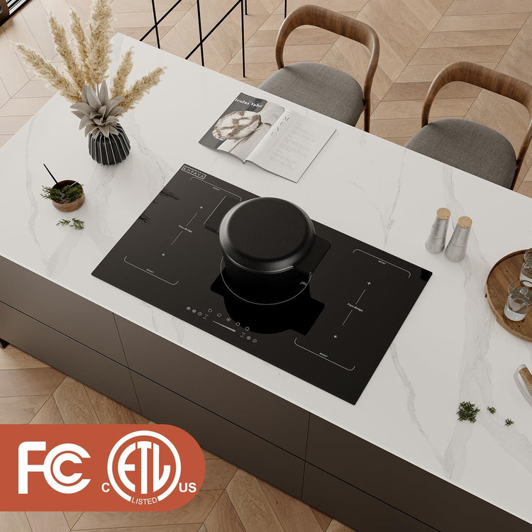 Empava 36 Inch Electric Induction Cooktop 5 Burners, Flat Glass Top Stove with Bridge Function, Timer, Pause, Child Lock, Booster, Slider Level Control, Shutdown, Auto Pan Detection, Black