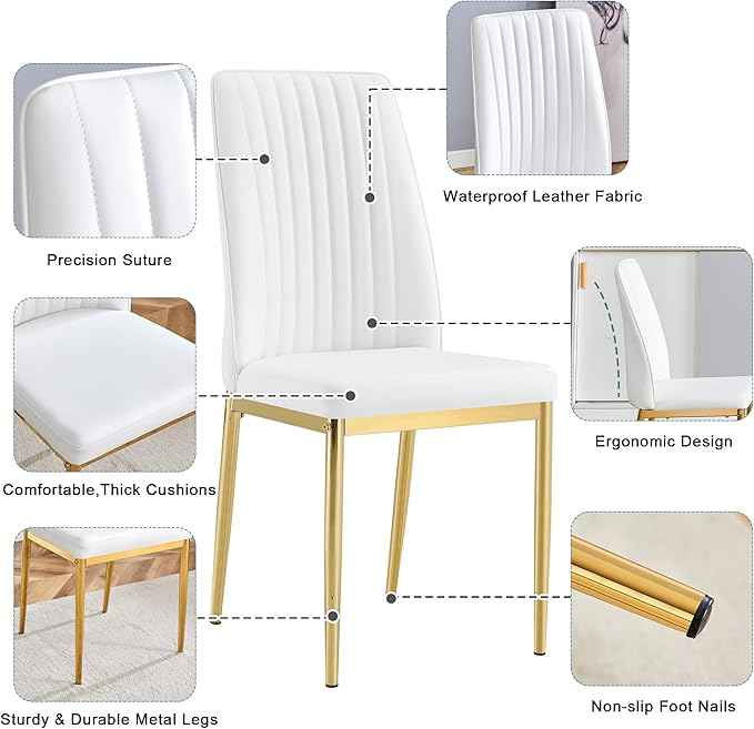 White Golden Dining Chairs Set - Modern PU Leather Armless Chairs with Metal Legs for Dinner Room, Office, Waiting Room (Set of 6)
