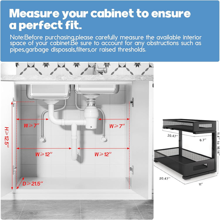2 Pack 20.47IN Depth Under Sink Storage Organizer, Large 2-Tier Elegant Mesh Pull Out Shelf for Kitchen and Bathroom Cabinet Organization, L-Shaped and Adjustable Height Design-Black