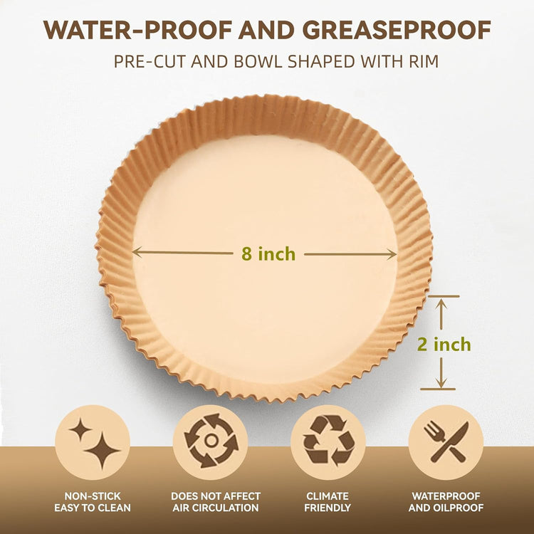 125Pcs 8 inch Round Disposable Air Fryer Parchment Liners-Non-Stick Parchment Sheets for Air Fryer Basket Microwave – Oil-proof, Water-proof, Effortless Cleanup for Baking