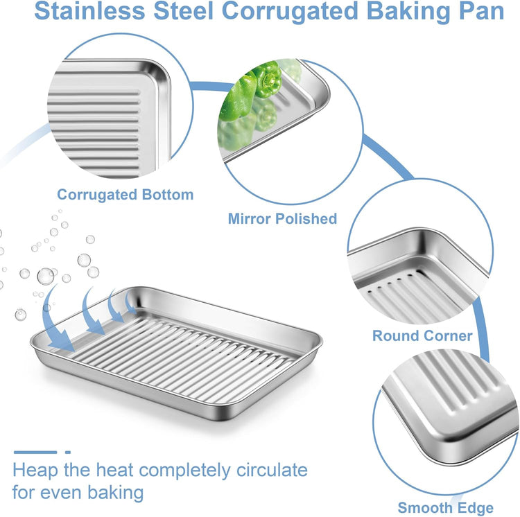TeamFar Toaster Oven Pan with Cooling Rack, Stainless Steel Mini Baking Tray for Compact Toaster Oven, 9 Inch, Corrugated Bottom & Grid Mesh, Healthy & Heavy-Duty, 1 Pan + 1 Rack