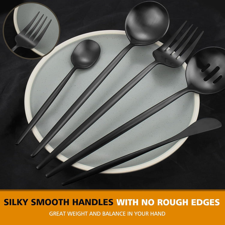 Matte Black Serving Set,Oliviola 5-Piece Stainless Steel Large Hostess Set with Round Edge, Satin Finished, Dishwasher Safe -Large Spoon, Large Fork,Butter Knife,Sugar Spoon & Slotted Spoon