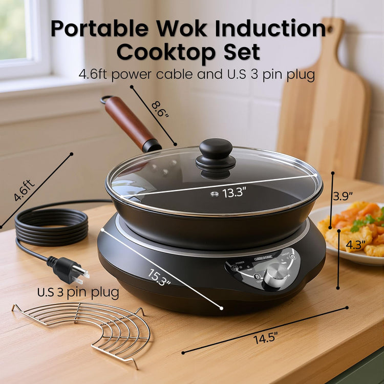 1700W Induction Cooktop with 13.4" Carbon Steel Wok Pan