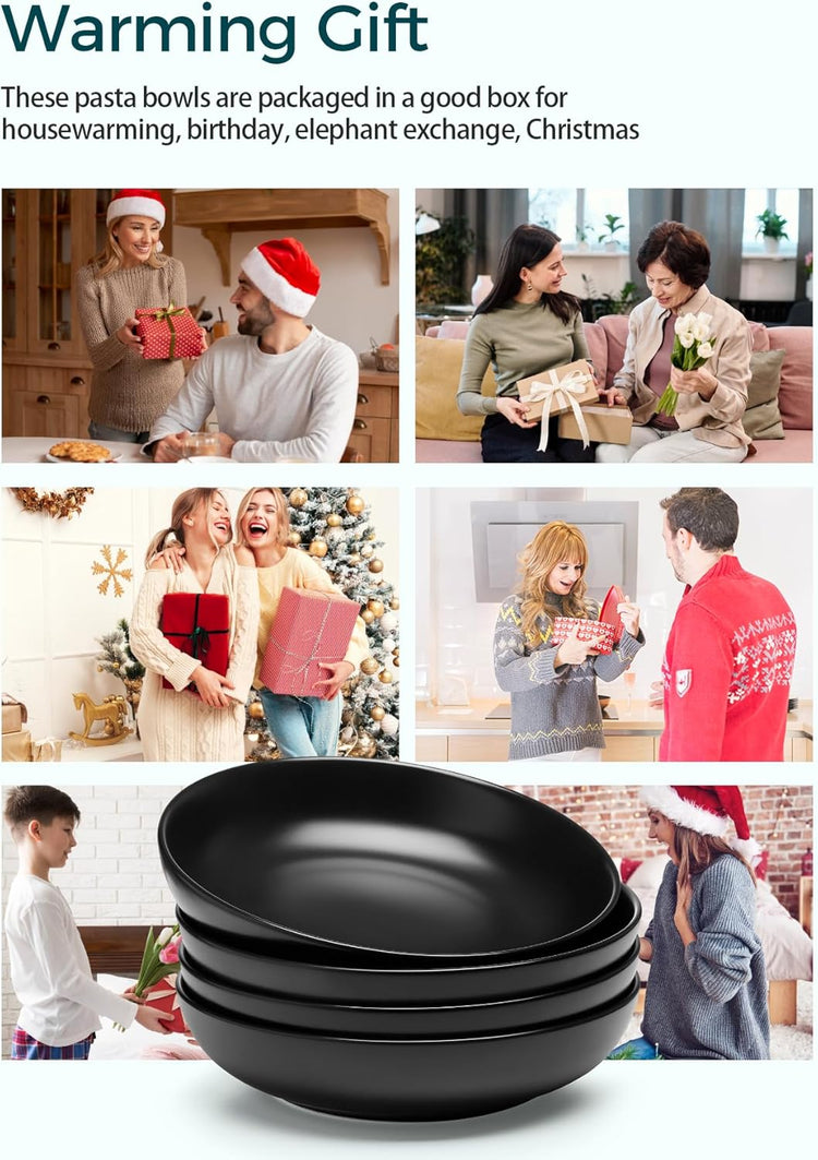 Teocera Matte Black Pasta Bowls Set of 4-35oz Large Oversized Porcelain Bowls for Spaghetti & Salad | Heat-Resistant, Chip-Resistant, Microwave & Dishwasher Safe | Smooth Non-Porous Surface
