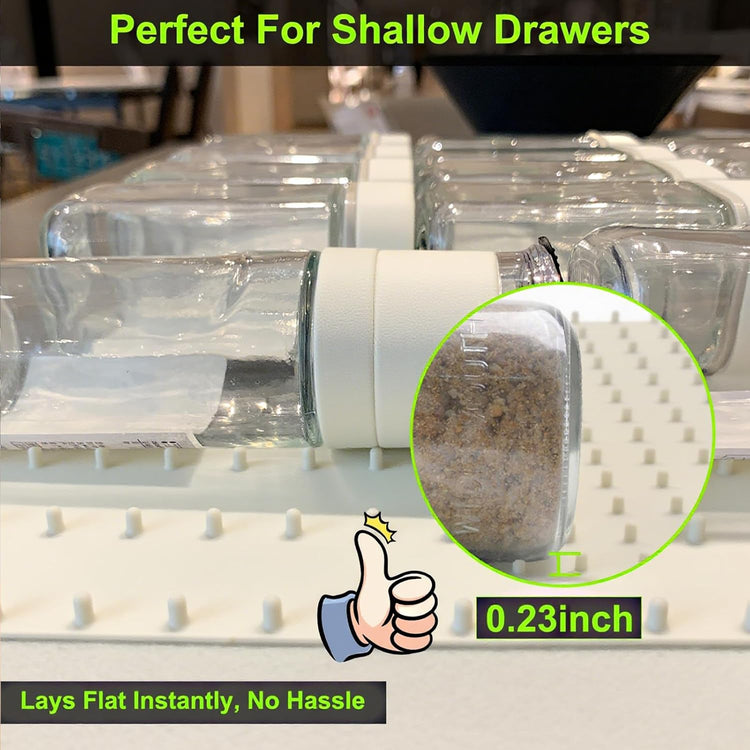 Gosmol Spice Drawer Organizer insert, Adjustable & Non-Slip Silicone Spice Drawer Liner for Seasoning Jars and Spice Bottles, Spice Rack, Set of 2-Pearl