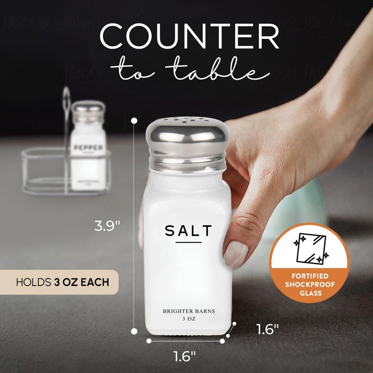 White Salt and Pepper Shakers Set with Holder by Brighter Barns (2 Count)