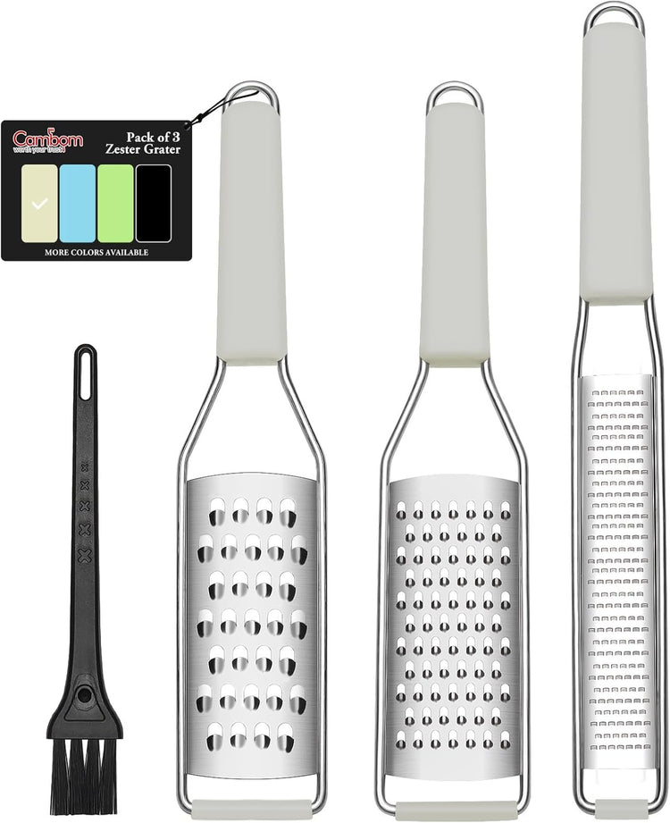 Cambom Lemon Zester Grater Three-piece Suit - Heavy Duty Kitchen Tool for Parmesan Cheese, Ginger, Garlic, Nutmeg, Chocolate, Vegetables,Fruits,Stainless Steel Grater Dishwasher Safe Clear