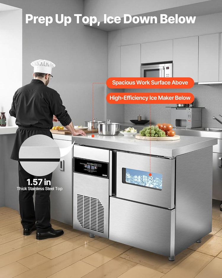 VEVOR Commercial Ice Maker Machine, 132 lbs/24H Stainless Steel Ice Machine with Worktop, 30 lbs Ice Storage Bin & Touch Screen, Self-Cleaning Freestanding Ice Making for Home Bar Restaurant Kitchen