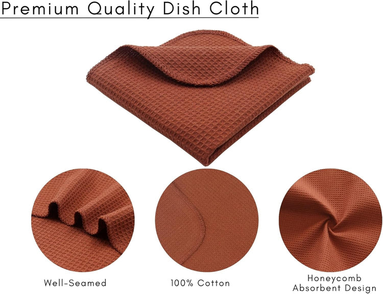 PurpleEssences Rust Dish Cloths and Dish Rags - 8 Pack Waffle Weave Solid Kitchen Dish Wash Cloths, 100% Cotton, 12 x 12 Inches, Ultra Soft Absorbent Quick Drying - Spring Summer Easter - Rust - Nestoria