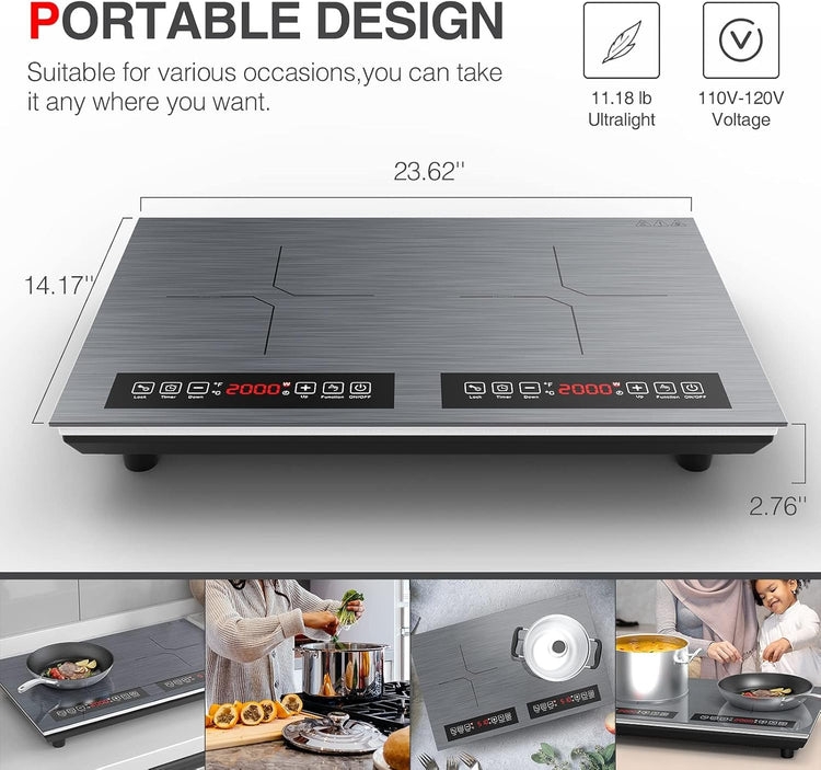 Double Induction Cooktop 110v-120v, 2 Burner Electric Cooktop 24 inch 4000W Induction Stove Top, Hot Plate LED Touch Screen, 9 Temperature, Safety Lock