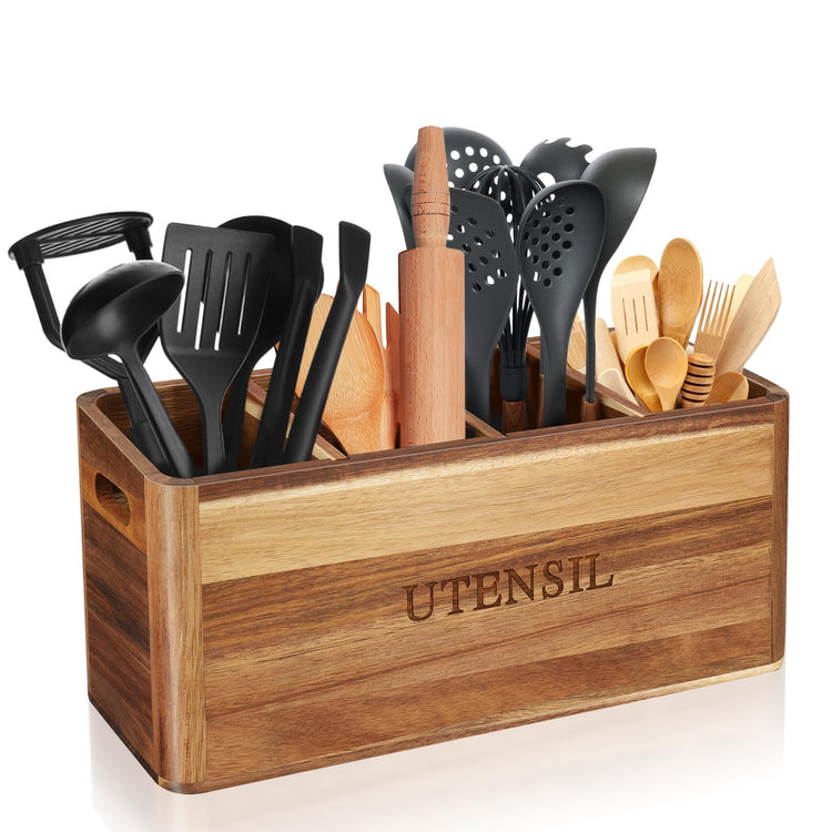 Acacia Wood Utensil Holder for Kitchen Counter