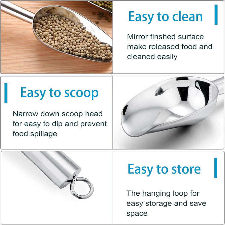 P&P CHEF Food Ice Scoop, Stainless Steel Scoop, Metal Candy Popcorn Flour Utility Scooper for Wedding Party Bar Kitchen Bath, Heavy Duty & Dishwasher Safe, (8oz, 2Pcs)