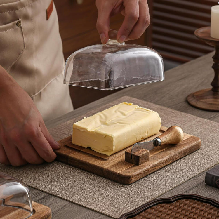 Glass & Acacia Wood Butter Dish with Airtight Glass Lid & Serving Knife