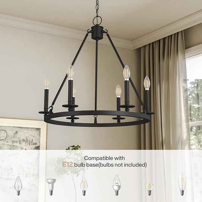 Tribesigns Wagon Wheel Chandelier 26" 6-Lights, Black Metal Rustic Ceiling Light Round Chandeliers Farmhouse for Farmhouse, Kitchen, Dining Room, Cabin Foyer, Entryway