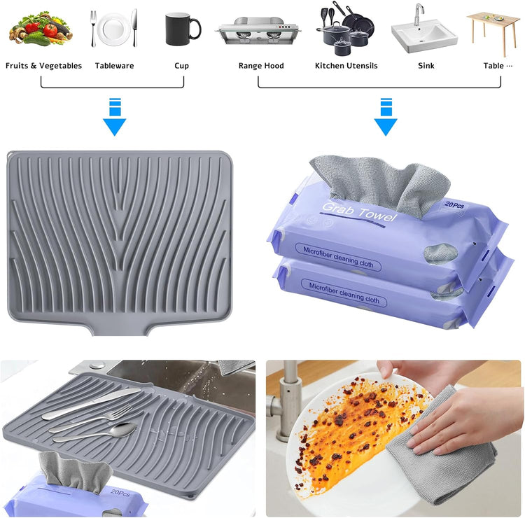 Silicone Dish Drying Mat, Stone Drying Mat for Kitchen Counter with Built-in Drain, Non-Slip 15.8" X 13" Drying Matt Kitchen Counter and Grey Microfiber Cleaning Cloth, Cleaning Rags Set(Grey)