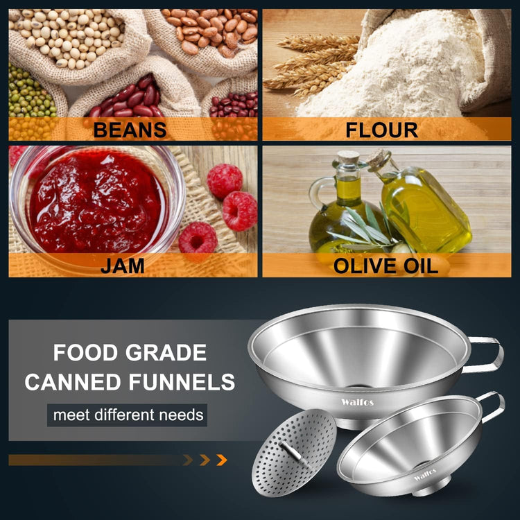 Walfos 5.5 Inch and 4 inch Stainless Steel Wide-Mouth Funnel with Handle for Wide and Regular Mason Jars Canning Jars,Wide Mouth Funnels for Kitchen Use Transferring Liquid and Dry Ingredients!