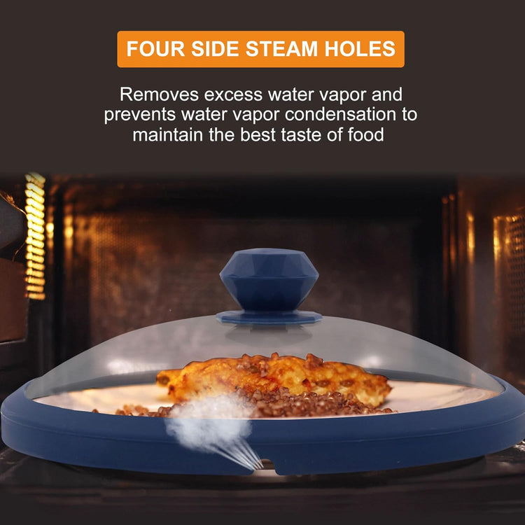 Glass Microwave Cover for Food 10.5 Inch Microwave Splatter Cover With Easy Grip Diamond Shape Handle Microwave Cover Glass Guard Lid Vented Edge Plate Cover for Heating Food (Dark Blue)