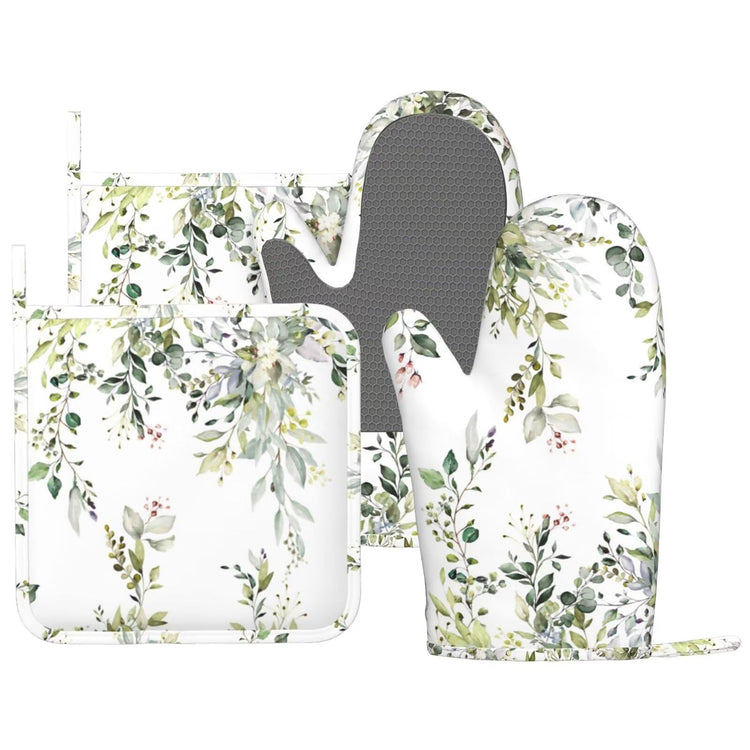Sage Green Eucalyptus Oven Mitts and Pot Holders Sets Silicone Watercolor Butterfly Leaves Kitchen Mitts Potholders Heat Resistant 4Pcs Oven Gloves Hot Pads for Kitchen Baking Cooking (4 Count)