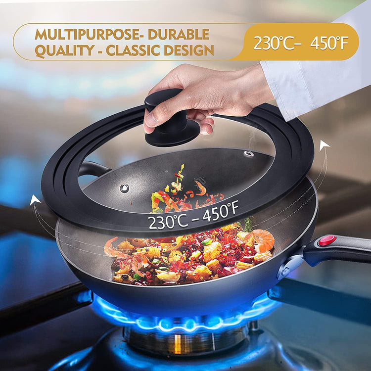 Universal Lids for Pots, Pans & Skillets - Fits 7", 8" & 9" Diameter, 10", 11" & 12" Diameter Cookware, Tempered Glass with High Heat Resistant Silicone Rim (2PK)