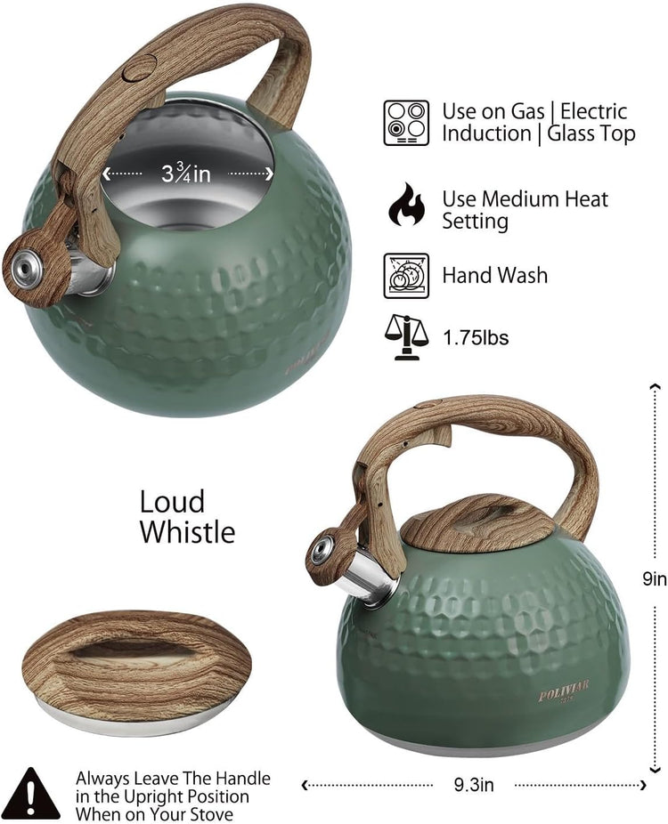 POLIVIAR Tea Kettle, 2.7 Quart Stovetop Tea Kettle, Audible Whistling Teapot, Food Grade Stainless Steel for Anti-Rust, Anti Hot Handle, Suitable for All Heat Sources (JX2020-RH30-2)