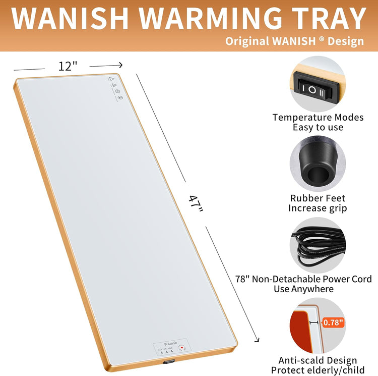 Electric Warming Tray (Extra Long 47”x12”),Food Warmers for Parties Buffet & Gathering, Food Warming Mat with Thermostat, Tempered Glass Warming Mat for Food with Adjustable Temperature Modes, White