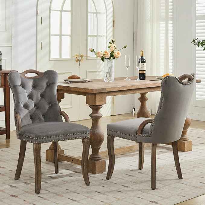 Grey Velvet Dining Chairs Set of 2,Modern Upholstered Dining Room Chairs with Tufted Back and Wood Handles, Curved Solid Wood Legs, Sillas de Comedor