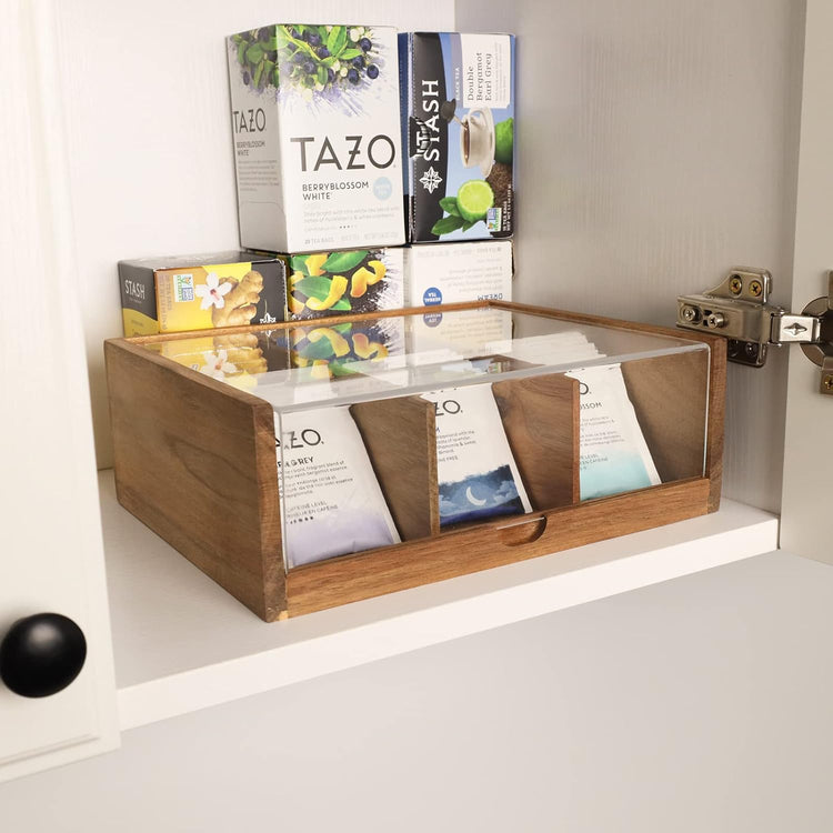 Tea Bag Organizer 6 Compartments by HTB| Gift Box Acacia Wood Tea Organizer for Tea Bags with Acrylic Transparent Hinged Lid