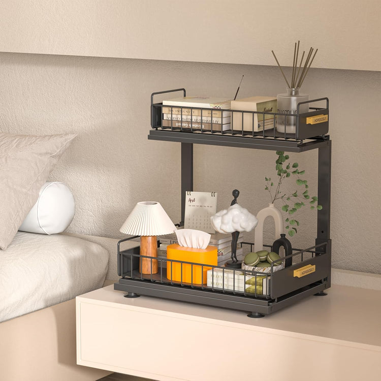 Under Sink Organizer, Pull Out Kitchen Cabinet Organizer, 2-Tier Metal Under Sink Organizers and Storage Height-Adjustable, Kitchen Bathroom Organizers and Storage Shelves, Black