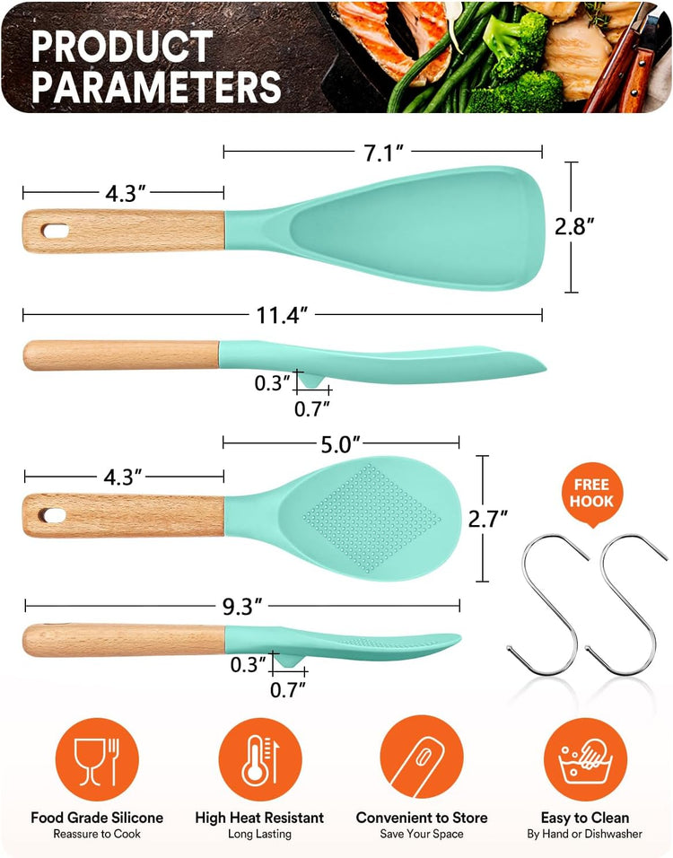 Cooking Spoon and Rice Scooper for Nonstick Cookwares, Great for Cooking and Serving Sturdy BPA-Free Matte Silicone, Wood Handle Spoon for Mixing, Scoop, and Scrape (GREEN) - Nestoria