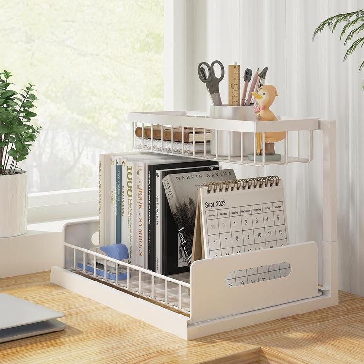 REALINN Under Sink Organizer, Pull Out Cabinet Organizer 2 Tier Slide Out Sink Shelf Cabinet Storage Shelves, Storage for Kitchen Bathroom, White, 2 Pack