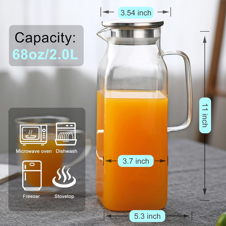1.8 Liter Glass Pitcher with lid 60oz Glass Water Pitchers for Fridge Heat Resistant Glass Water Carafe with Handle for Party Water Jugs Tea pitcher Lemonade Iced Tea Jug Juice or Drinks