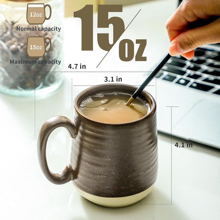 Hasense Coffee Cups Set of 6, 15 oz Stoneware Coffee Mugs with Big Handles, Modern Tea Cup for Indoor and Outdoor for Cocoa, Milk, Tea, Hot Chocolate, Soup, Valentine's Day Gifts, Brown