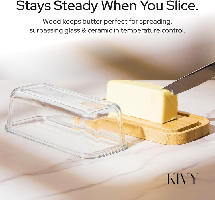 KIVY Glass butter dish with airtight lid that keeps butter soft - For countertop and refrigerator door shelf - Butter tray fridge - Butter holder for counter - Covered butter dishes with lid