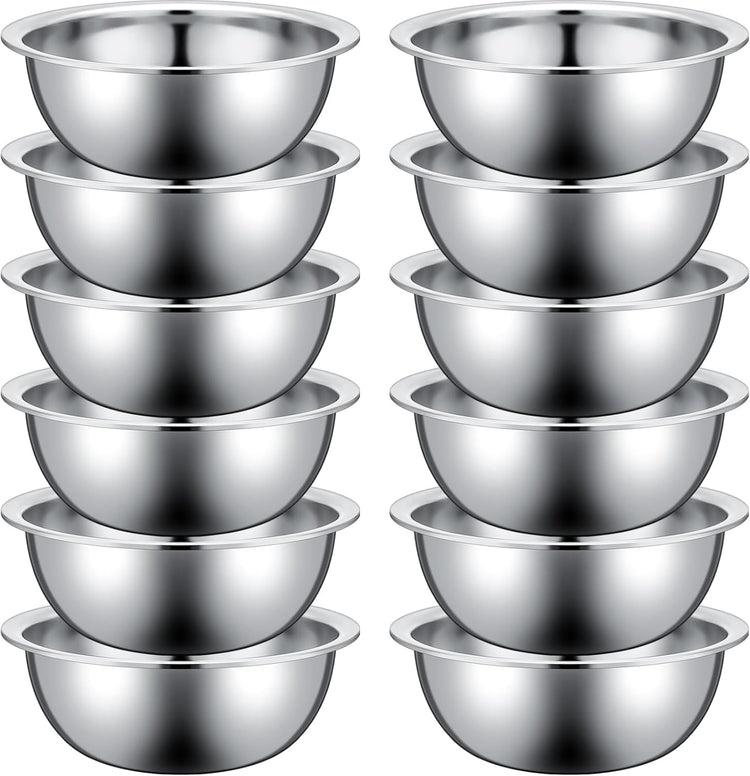 Pinkunn Set of 12 Stainless Steel Mixing Bowls, Nesting Metal Prep Salad Bowl Bulk Kitchen Large Reusable Baking Food Container for Hotel Restaurant Home Cooking, Silver(10.2 x 3.26 Inch)