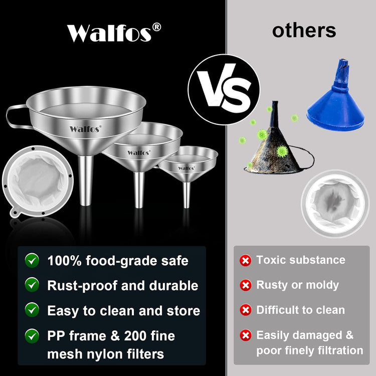 Walfos 3Pcs Kitchen Funnel with 2 Removable Strainer & 1 Cleaning Brush & 1Pc 200 Mesh Food Filter Strainer, Food Grade Stainless Steel Funnel for Transferring of Liquid, Oils, Jam, Dry Ingredients