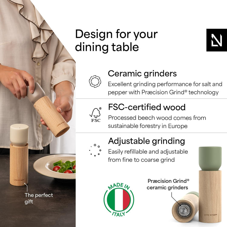 LARS NYSØM Wooden Salt and Pepper Grinder Set Manual with Tray - Salt and Pepper Mills with Adjustable Ceramic Grinder - Elegant Beechwood Pepper and Salt Mill Set for Dining Table (Sage Green)