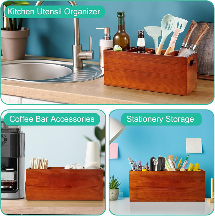 ALELION Large Utensil Holder with Removable Divider - 4 Compartment Wooden Utensil Caddy Organizer for Kitchen Counter - Brown Cooking Utensil Crock for Countertop