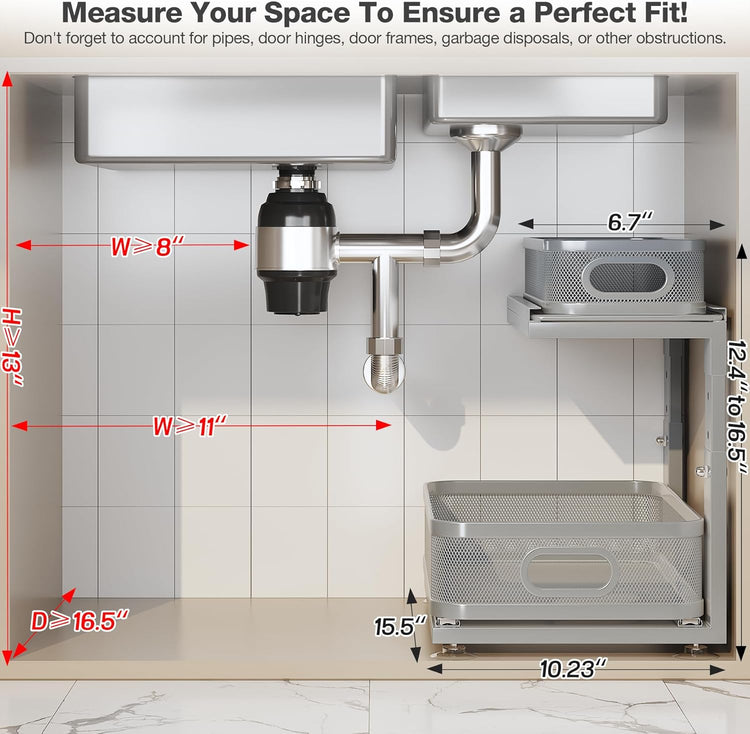 2 Pack 15.5IN-Depth Under Sink Organizer With Next-Gen Ball-Bearing Slides,2-Tier Precision Mesh Pull Out Cabinet Storage for Bathroom&Kitchen,Height Adjustable Drawers Shelf,Anti-rust-Grey