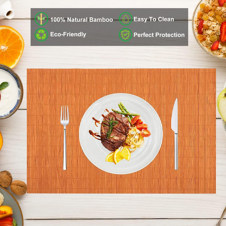 ANDSTAR Non-Slip Waterproof Placemats Set of 6 - Reusable Wipeable Table Mats for Dining Table, Kitchen, Outdoor Picnic, 12x18 Inch PVC Backed Heat Resistant Place Mats Dishwasher Safe(Orange)