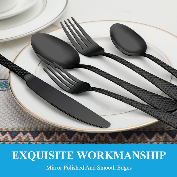 60 Pcs Black Hammered Silverware Set Service for 12 (60 Count)