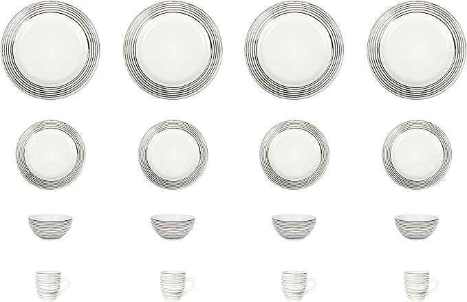 16 Piece Dinnerware Set, Ceramic Plates and Bowls Sets for 4, Microwave and Dishwasher Safe, Handcrafted Tree Bark Series Dish Set, White Birch