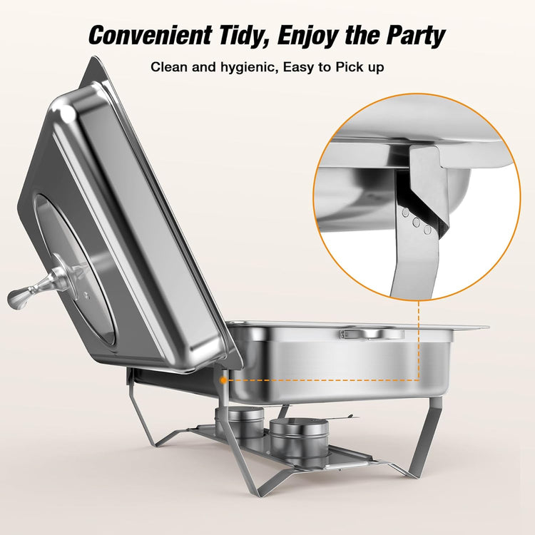 Chafing Dishes for Buffet with Glass Lid (9QT, 4Pack) - Food-Grade Stainless Steel, Rolled Edge Design, Foldable Frame, Lid Holder, Buffet Servers and Warmers Parties, Catering, Weddings