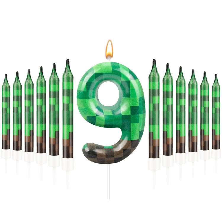 13 Pcs Dynamite Candles 12 TNT Themed Birthday Cake Candles and Number 9 Candle Cake Topper for Pixel Theme Birthday Party Anniversary Party Dynamite Theme Party Video Game Party Supplies (13 Count)