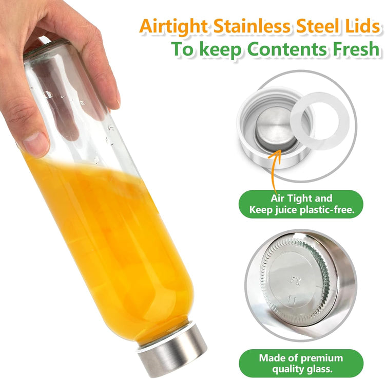 Zukro Glass Water Bottles with Lids 24 oz, 6 Pack Reusable Juice Bottles With Stainless Steel Airtight Cap for Juicing, Leak Proof Clear Drinking Jar Beverage storage container for Fridge, BPA Free