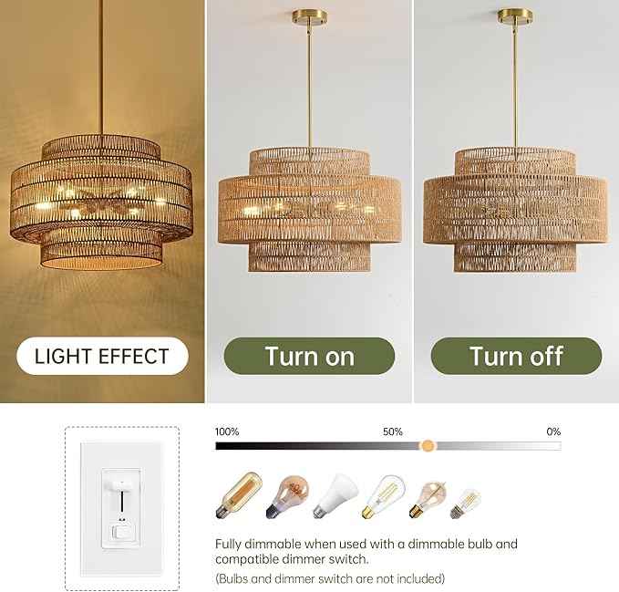 24” Boho Large Rattan Chandelier Light Fixture,6-Light Large Hand Woven Pendant Light Fixture Farmhouse Rustic Chandeliers for Kitchen Bedroom, Dining Room, Living Room, Hallway, Foyer